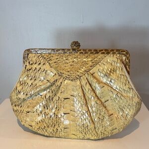 Vintage lyrella cream snakeskin clutch bag with jewelled snap clasp